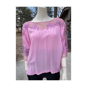 SOLD Vintage | 80s Dolman Sleeve Top Pink Purple Floral Lace 3/4 Sleeve L/XL